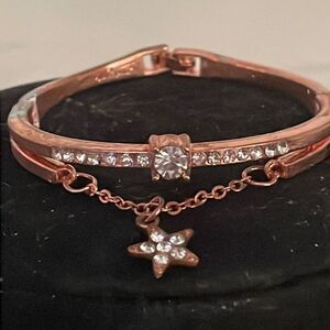 7” hinged rose gold tone crystal embellished charm bracelet w/fold over clasp